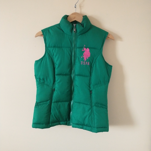 Us Polo Association puffer vest size medium green with big pink pony. - Picture 2 of 8